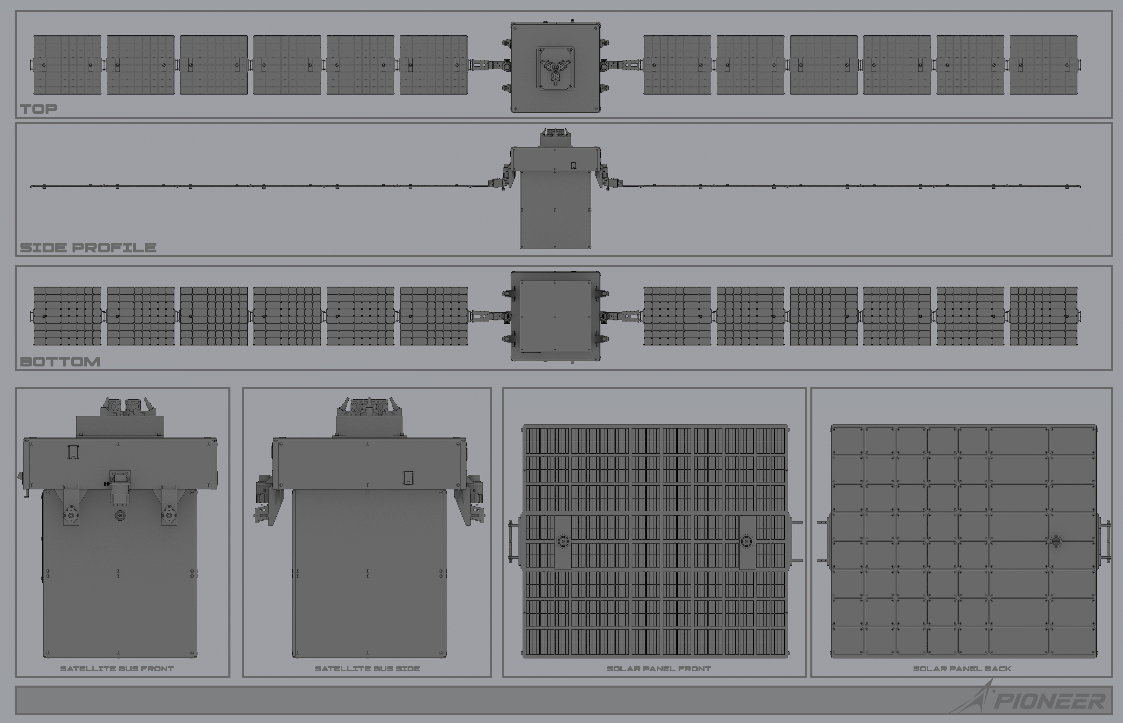 PIONEER external configuration schematic with orthographic spacecraft, bus, and solar-panel views
